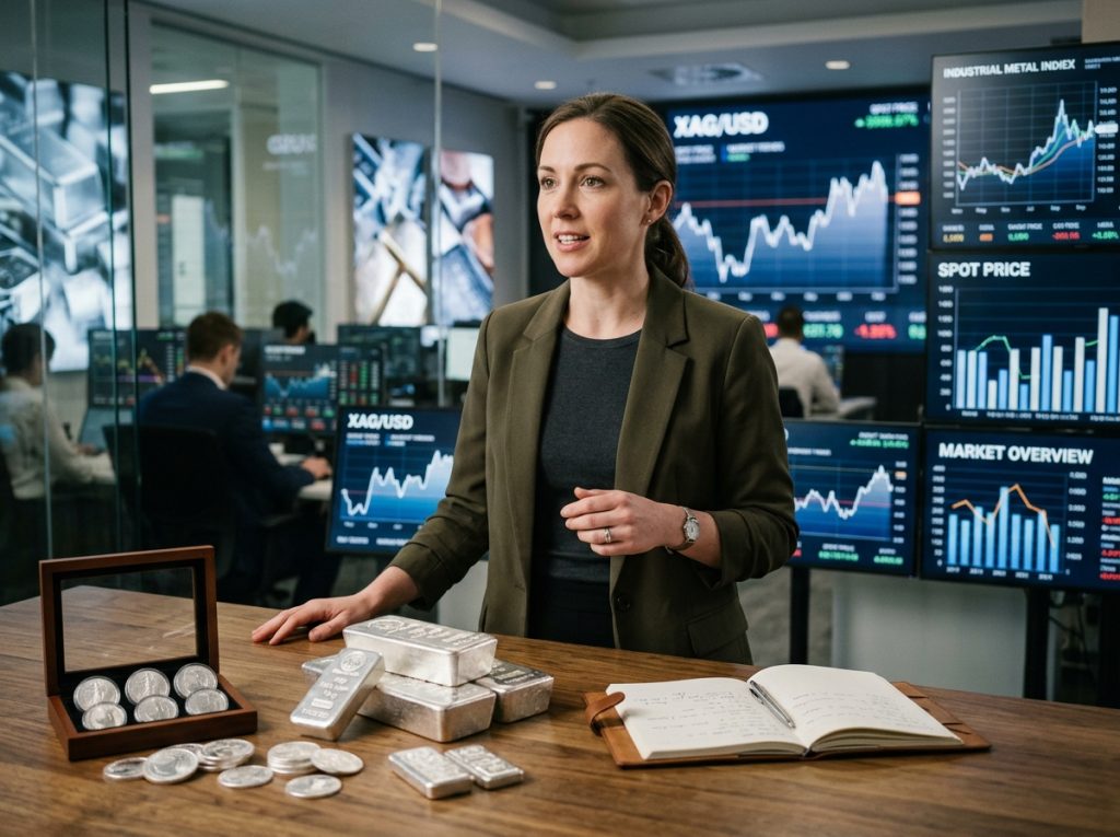 female-commodities-analyst-presenting-silver-market-trends-with-silver-bars-and-price-visuals