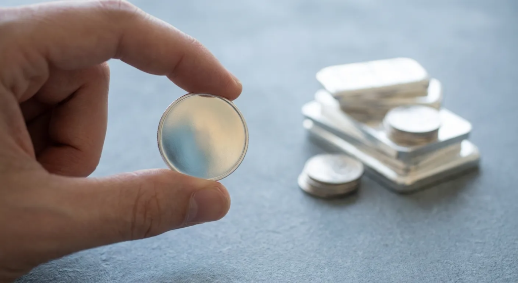 Silver Spot Prices: Hand holding a shiny silver coin, with blurred silver bars and coins in background, representing beginner