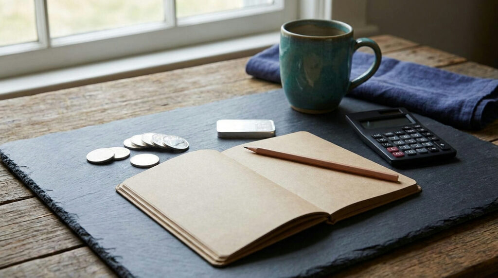 Silver bullion beside a notebook and calculator for an educational cost comparison