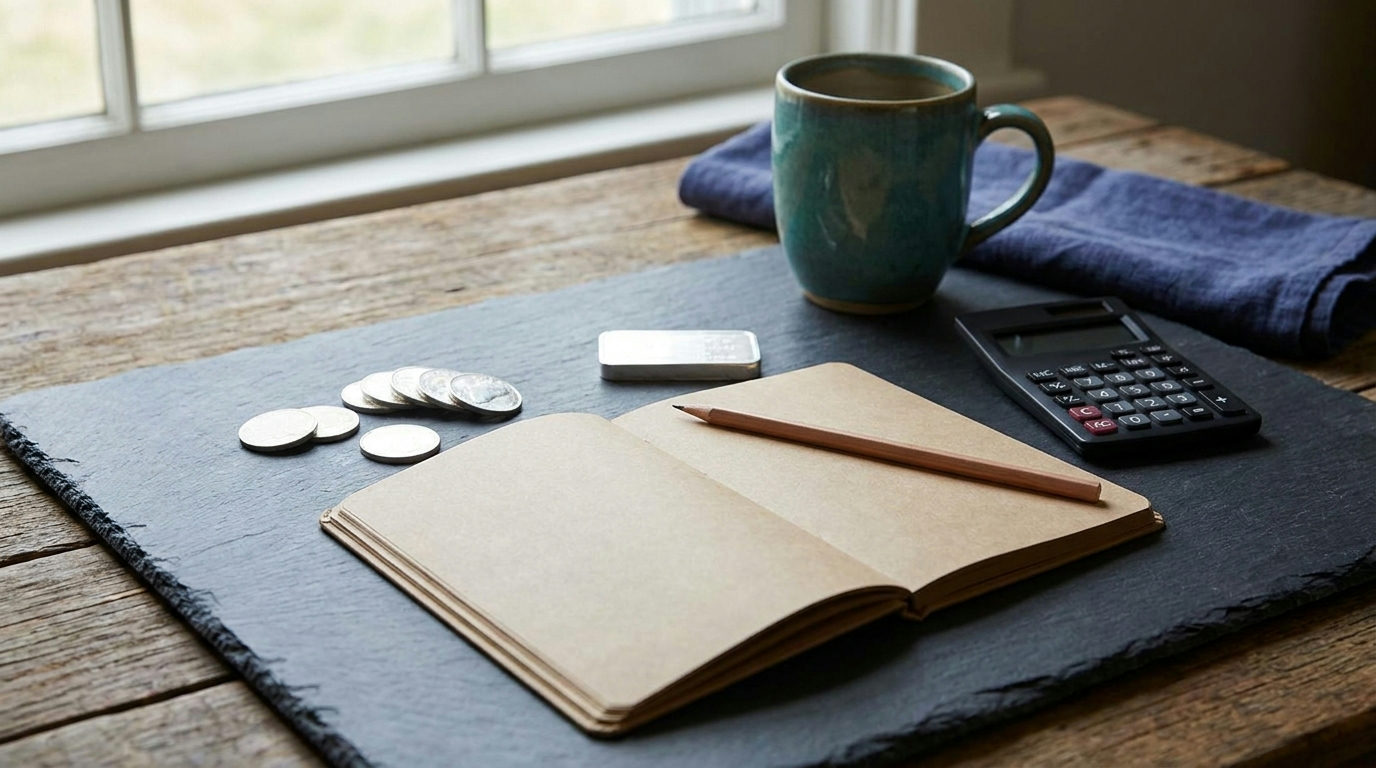 Silver bullion beside a notebook and calculator for an educational cost comparison