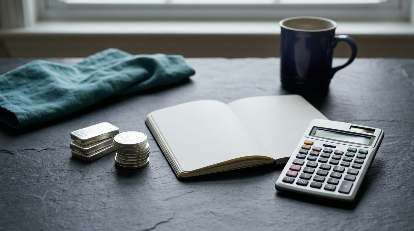 Silver bullion beside a notebook and calculator for an educational cost comparison