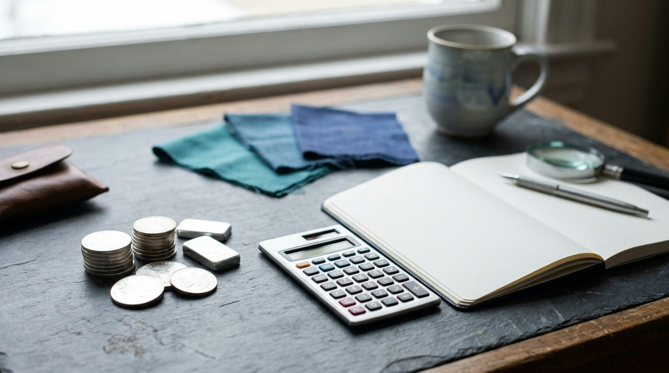 Silver bullion beside a notebook and calculator for an educational cost comparison