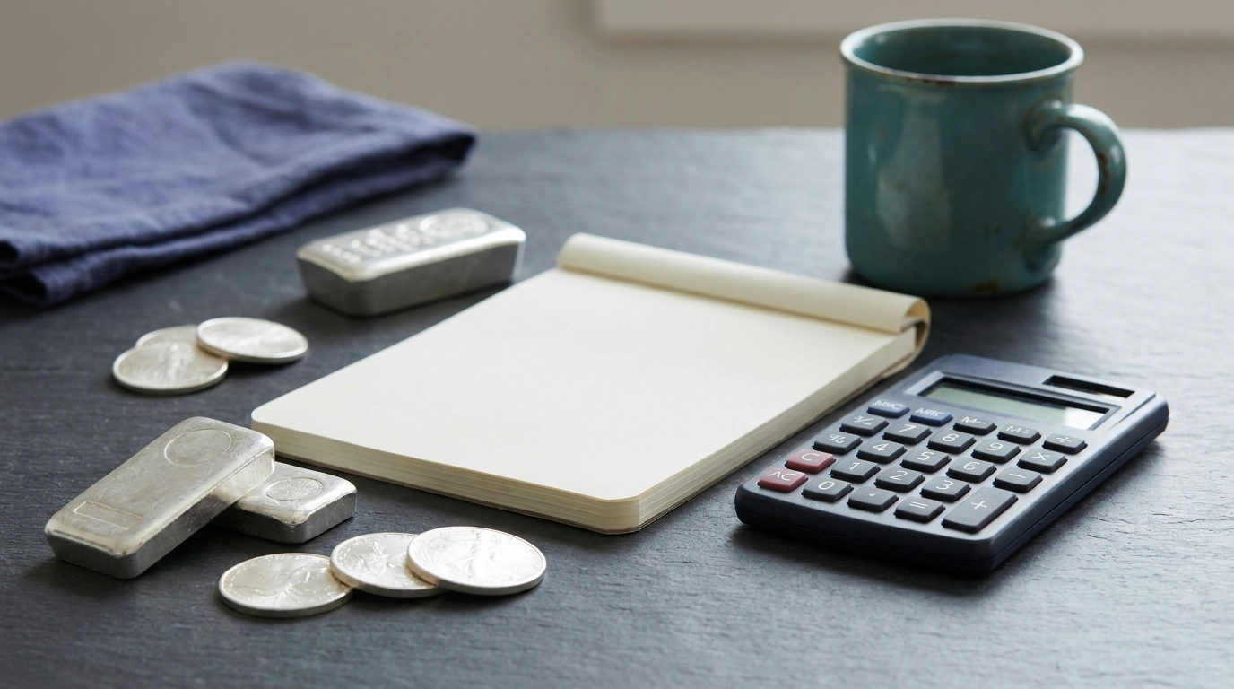 Silver bullion beside a notebook and calculator for an educational cost comparison