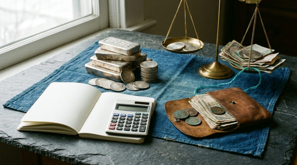 Silver bullion beside a notebook and calculator for an educational cost comparison