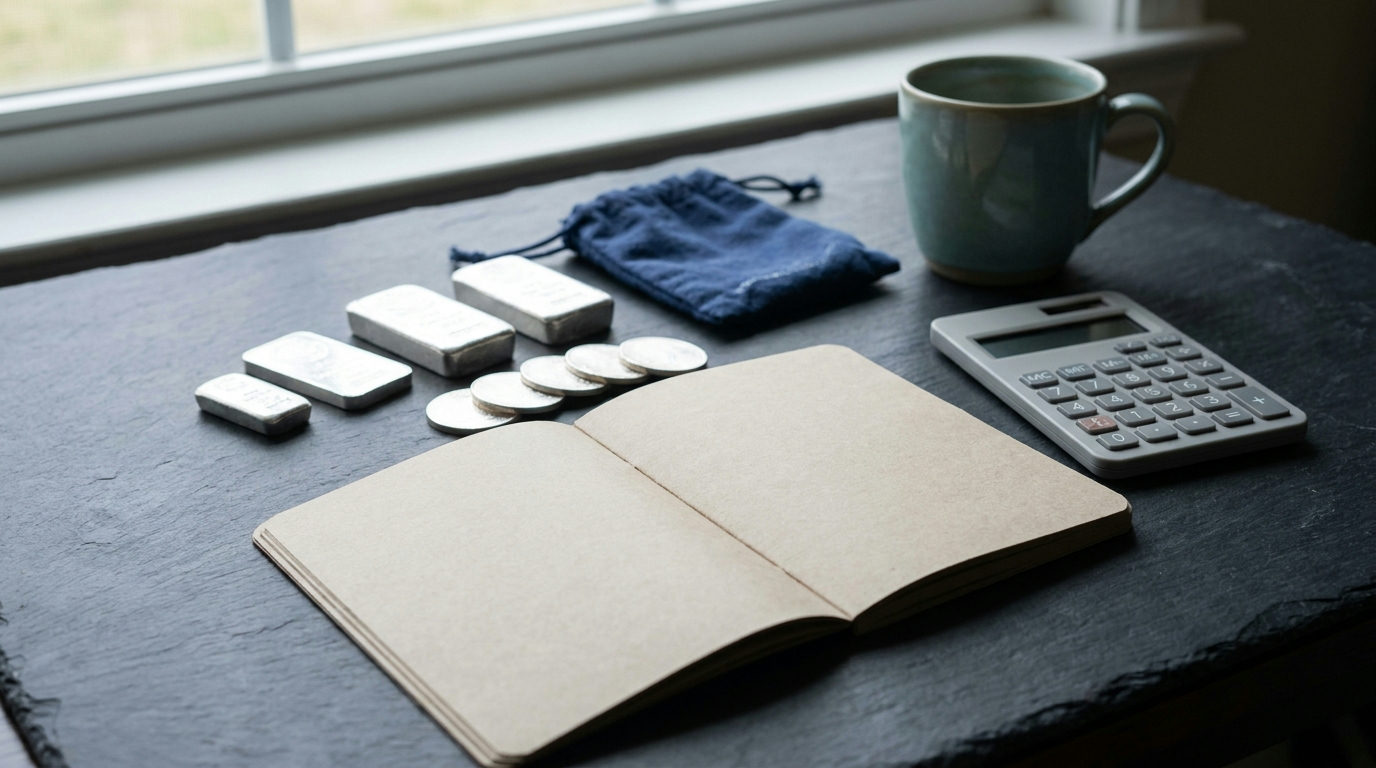 Silver bullion beside a notebook and calculator for an educational cost comparison